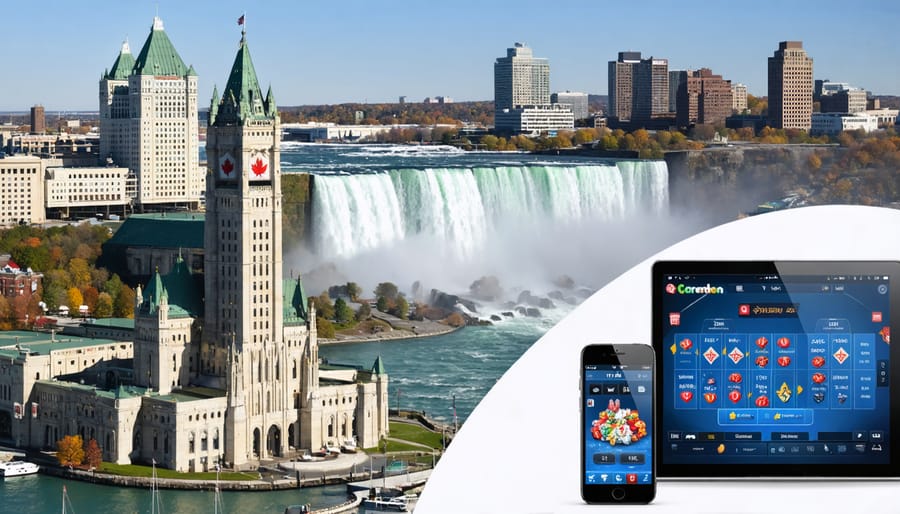 Collage depicting Canadian casino landmarks alongside digital gaming elements, symbolizing the fusion of traditional and online casino experiences.