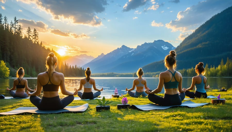Participants engaging in a sunset yoga session by a peaceful lake in Canada, set against a backdrop of mountains and natural greenery, representing the fusion of CBD wellness and nature.