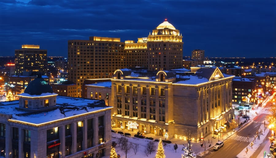 Night time aerial photograph of Casino de Montreal with snow and lights