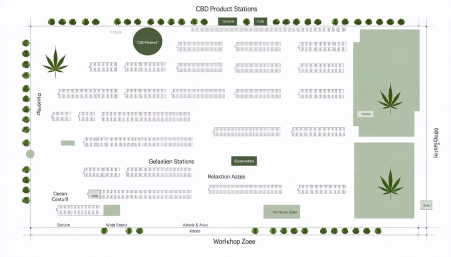 Detailed floor plan of a CBD wellness event venue with labeled areas