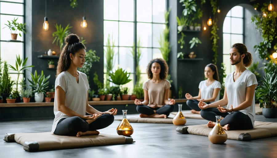 People participating in guided meditation at a CBD wellness workshop