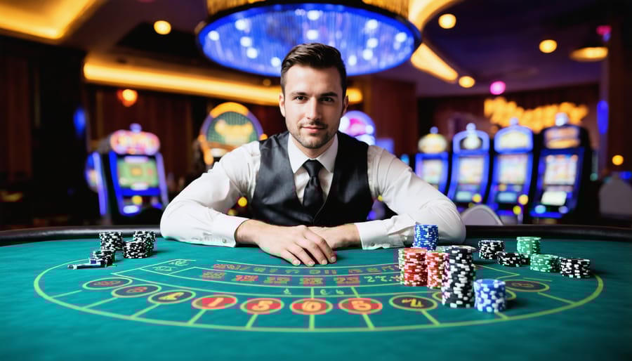 Live dealer conducting an online casino game with professional streaming setup