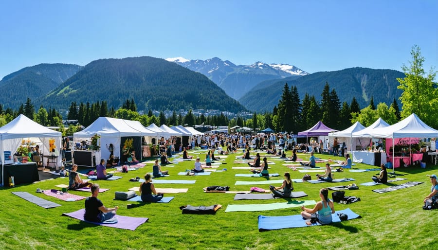 CBD wellness festival setup in British Columbia with participants doing yoga