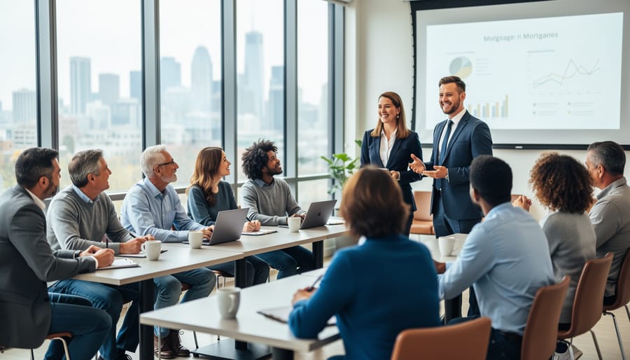 Diverse homeowners in a bright community center listen to a mortgage broker and real estate lawyer presenting; presenters and attendees in sharp focus with a blurred projection screen and Canadian city skyline in the background, no readable text visible.
