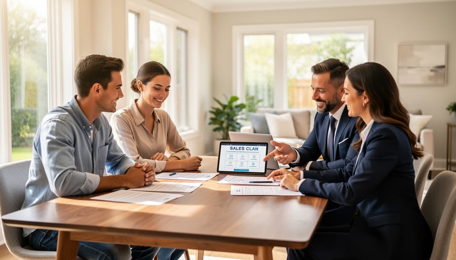 Financial advisor consulting with clients about mortgage and home selling options