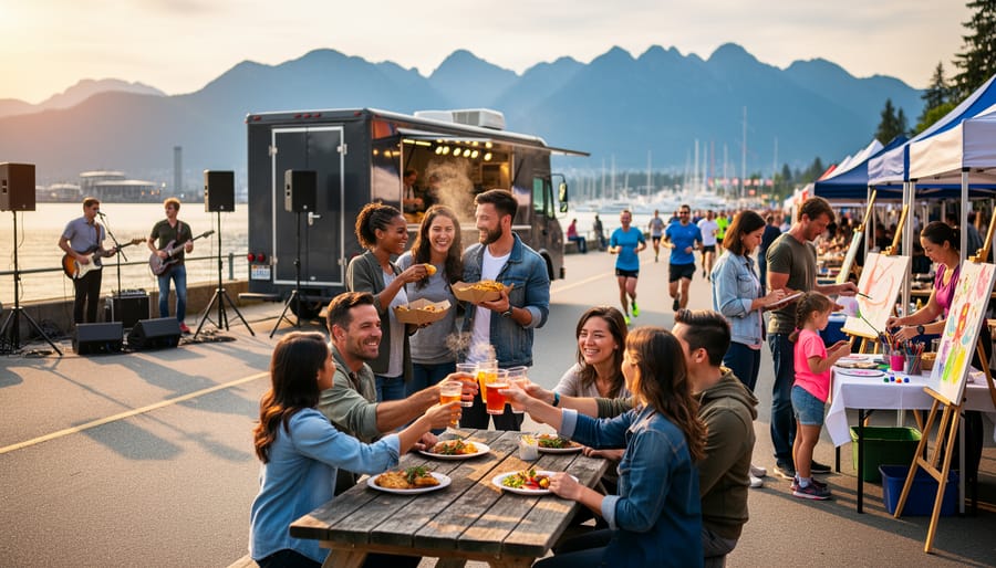 Wide outdoor festival in a Canadian waterfront park with a small band performing, people sampling a food truck, children at an art booth, runners passing, and friends toasting at picnic tables at sunset; blurred skyline and mountains behind.