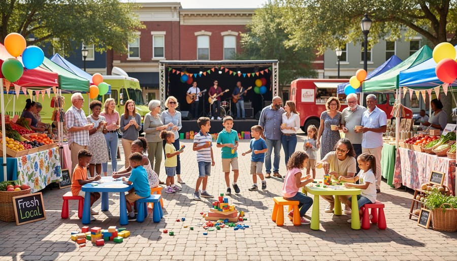 Family of different ages walking through colorful outdoor community farmers market