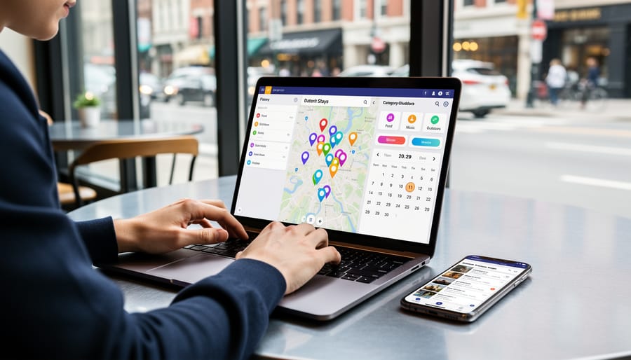 Person using smartphone to browse event categories while planning at cafe table