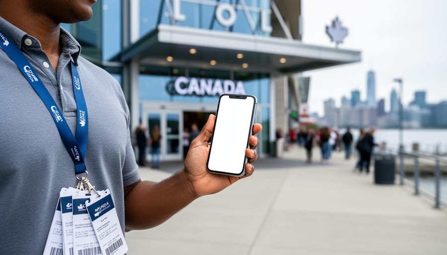 “Person holding a smartphone near a Canadian venue entrance with event passes on a lanyard, suggesting confirmation timing for bookings.”