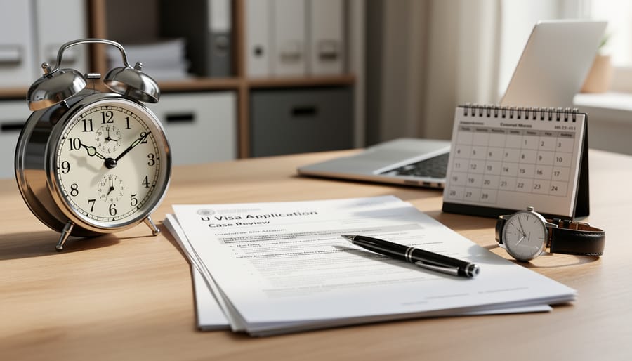 Close-up of blank immigration documents and an envelope on an office desk