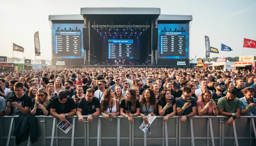 Concertgoers waiting outside a Canadian venue under warm lights before entry.