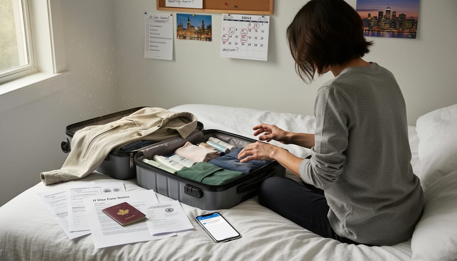 Hands placing ticket envelope and travel bag into a car trunk