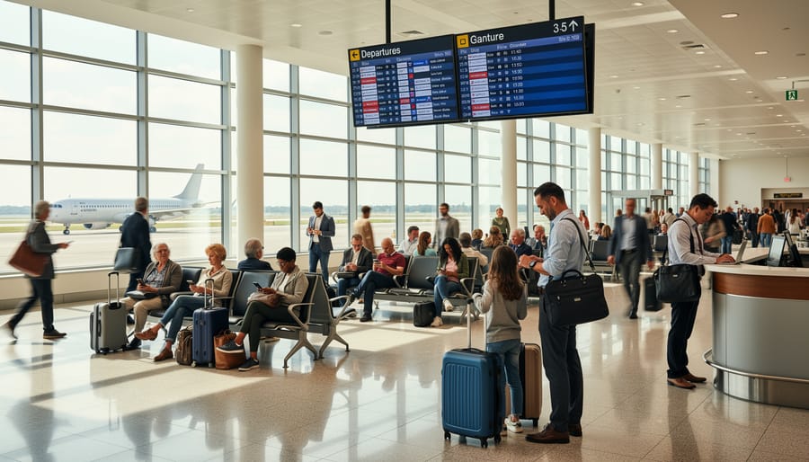 Travelers holding tickets and a phone near an airport check-in area while waiting for booking confirmation.