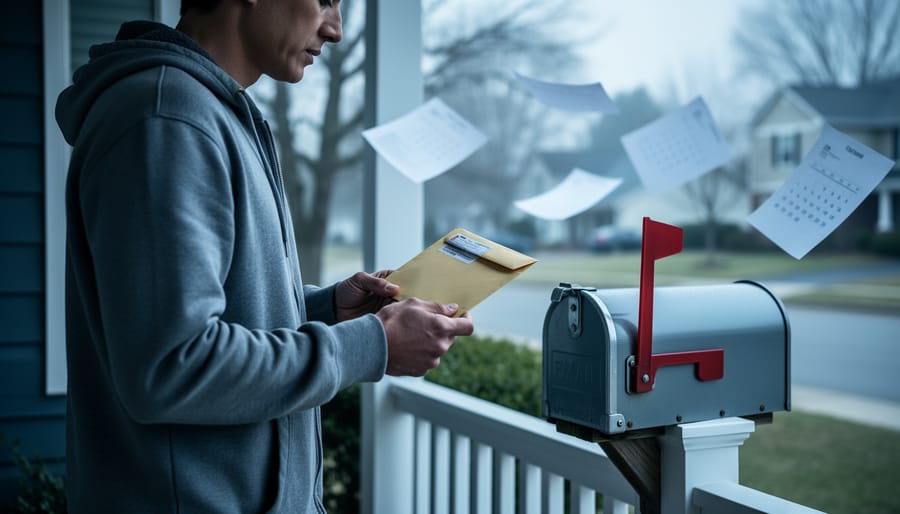 Person holding a sealed envelope near a mailbox on a porch, representing waiting for U visa approval updates.