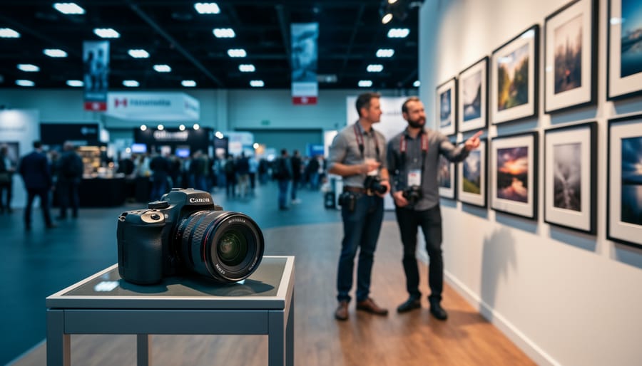 Photographers discussing beside framed prints at a modern photography expo hall, with a camera displayed on a table in the foreground.
