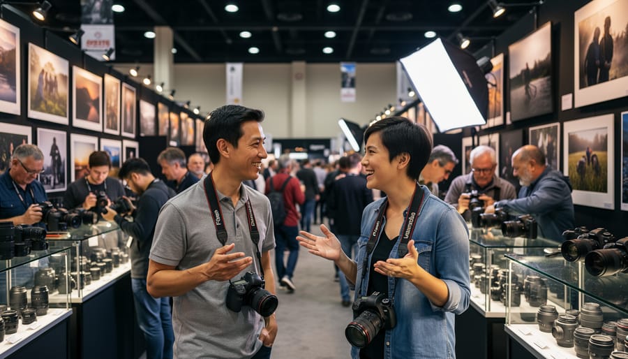 Photographers networking at a photography expo while holding a camera