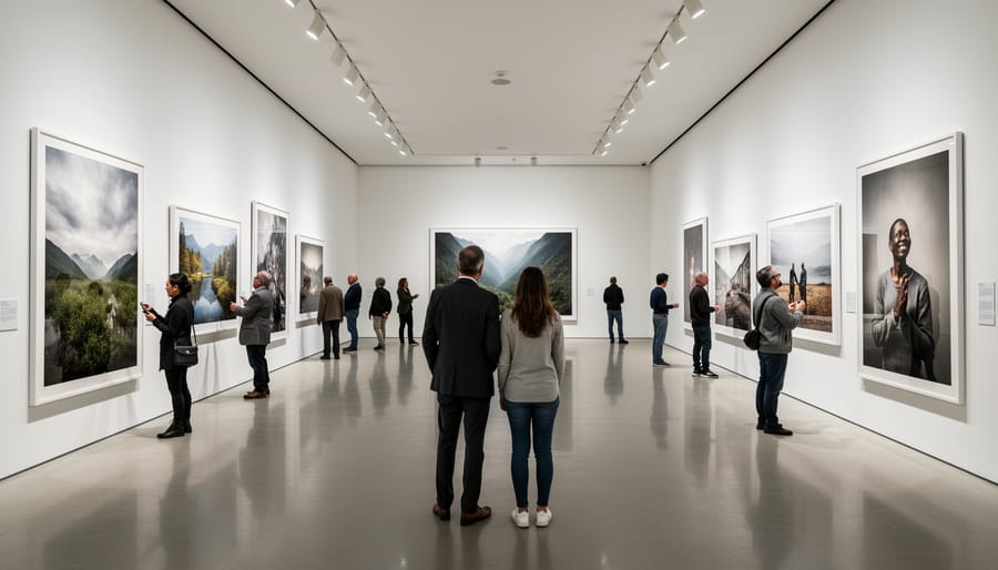 People viewing framed black-and-white photographs in an exhibition gallery