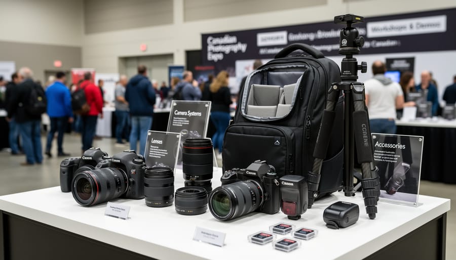 Camera and lenses on a display table at a photography expo