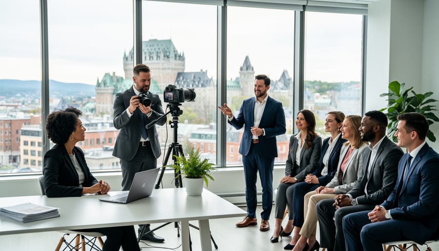 Corporate headshot session with two professionals in a studio near a window