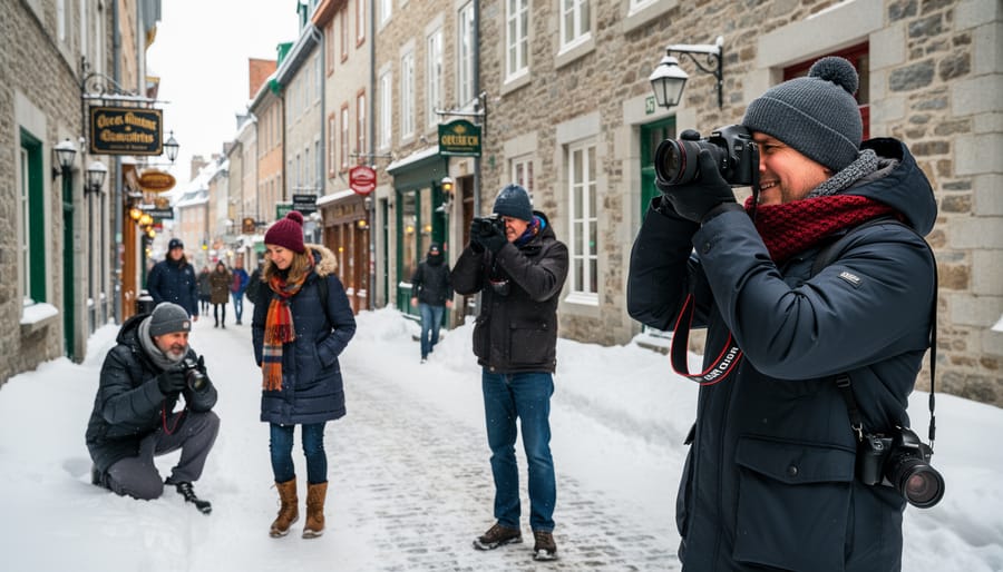 Street photographer capturing a candid winter scene in Old Quebec