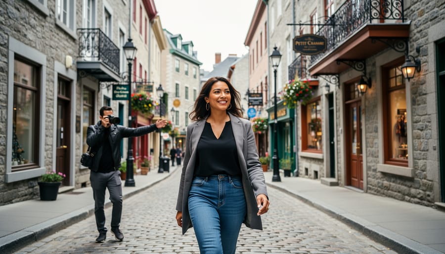 Photographer guiding a couple for a portrait session in Petit Champlain, Quebec City