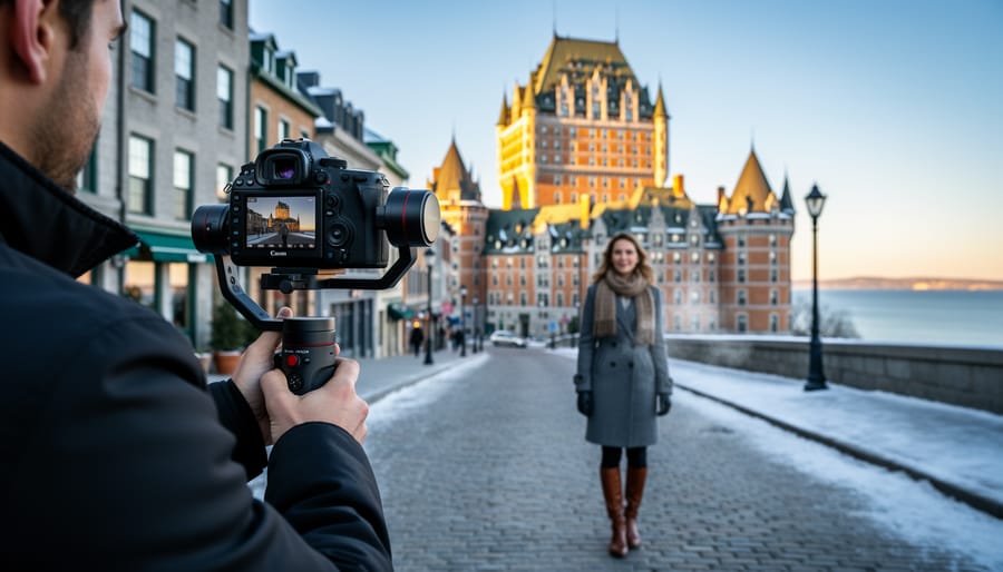 A photographer aiming a DSLR camera toward Château Frontenac while a model poses on Old Québec cobblestone streets at golden hour.