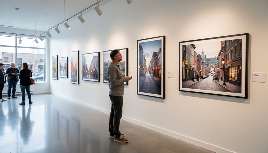 Fine art photographer in a Quebec City gallery near framed landscape prints