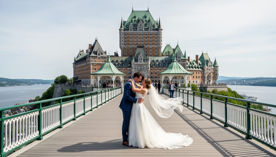 Wedding couple walking on Terrasse Dufferin with Château Frontenac in the background