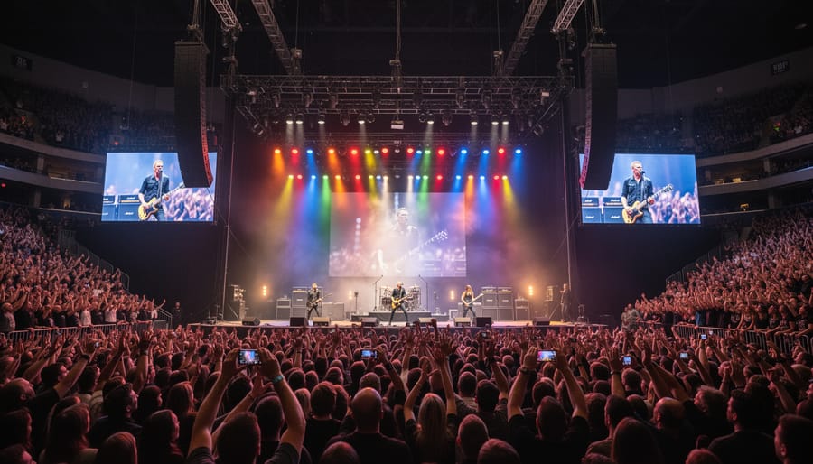 Crowd in a packed indoor arena facing a concert stage with colorful lights
