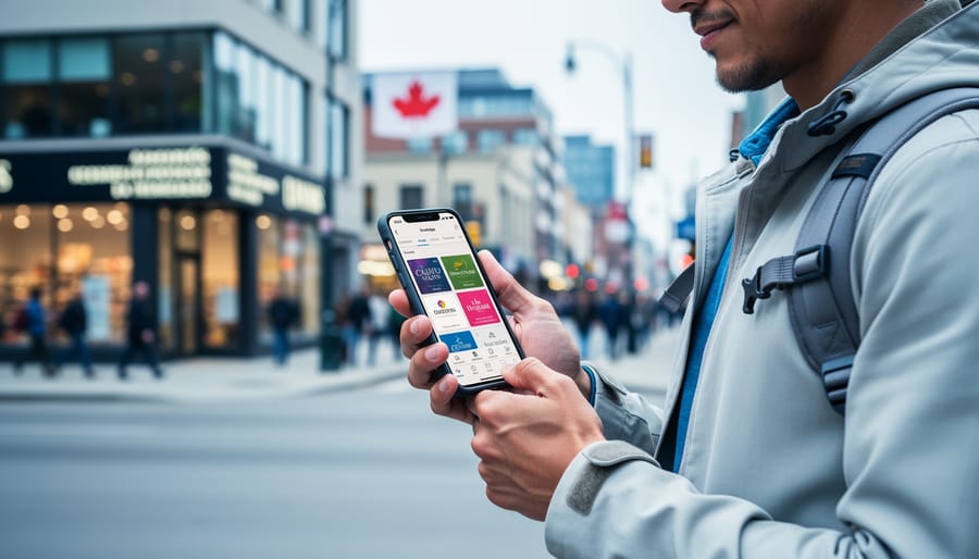 Traveler holding a smartphone while browsing event and attraction listings on a Canadian city street