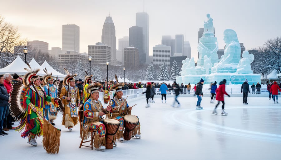 Outdoor festival scene in Canada combining cultural regalia with winter ice sculptures and skating, showing year-round celebration energy.