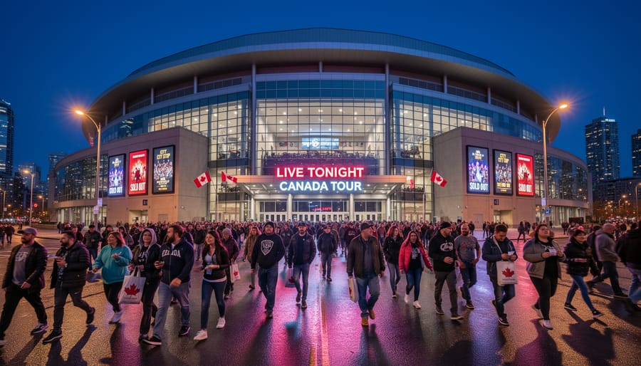 Nighttime view of a brightly lit Canadian arena entrance exterior with glowing lights and light snowfall