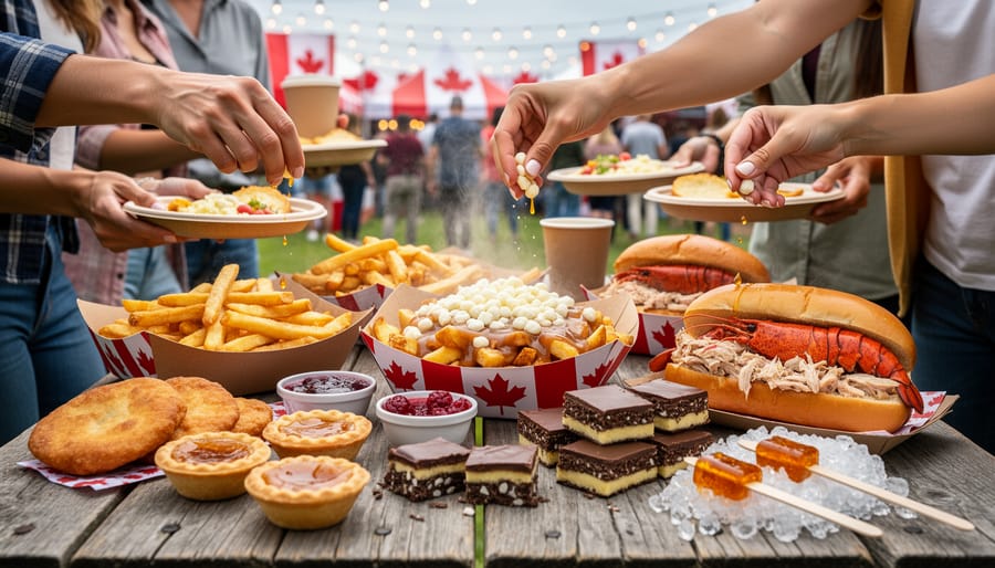Food and drinks at a Canadian food festival, including poutine, craft beer, and seafood on a table.
