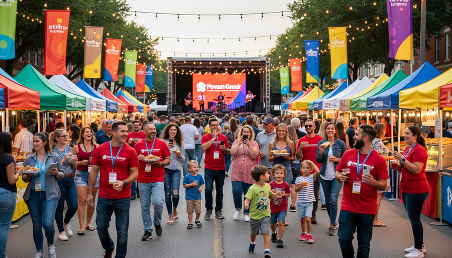 People at an outdoor Canadian festival holding flyers and using phones while street lights glow in the background.