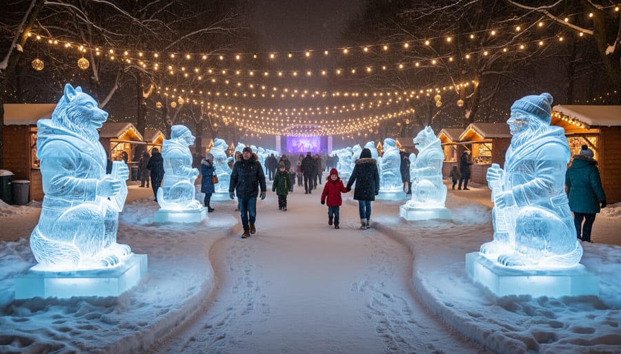 People walking through an illuminated outdoor winter festival with detailed ice sculptures.