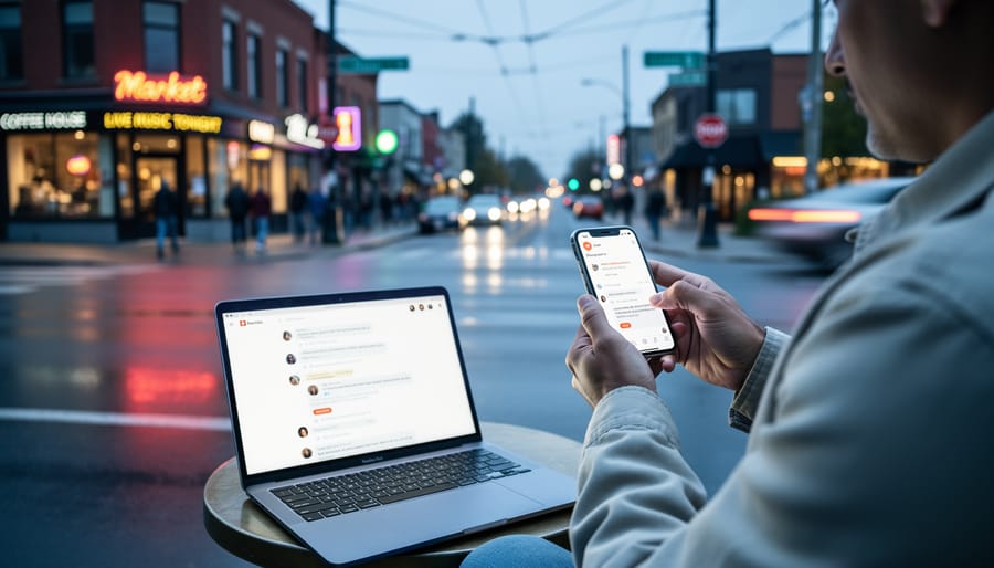 Person in a Canadian city street scene using a smartphone and laptop to promote a local community event, with blurred Reddit-style tiles on the laptop screen.