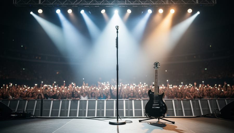 Spotlight-lit arena stage with instruments and hazy concert lighting, viewed from near the front barricade with a blurred crowd in the background.