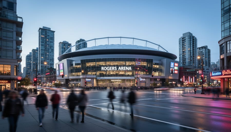 Rogers Arena exterior in downtown Vancouver at dusk with surrounding city lights in the background.