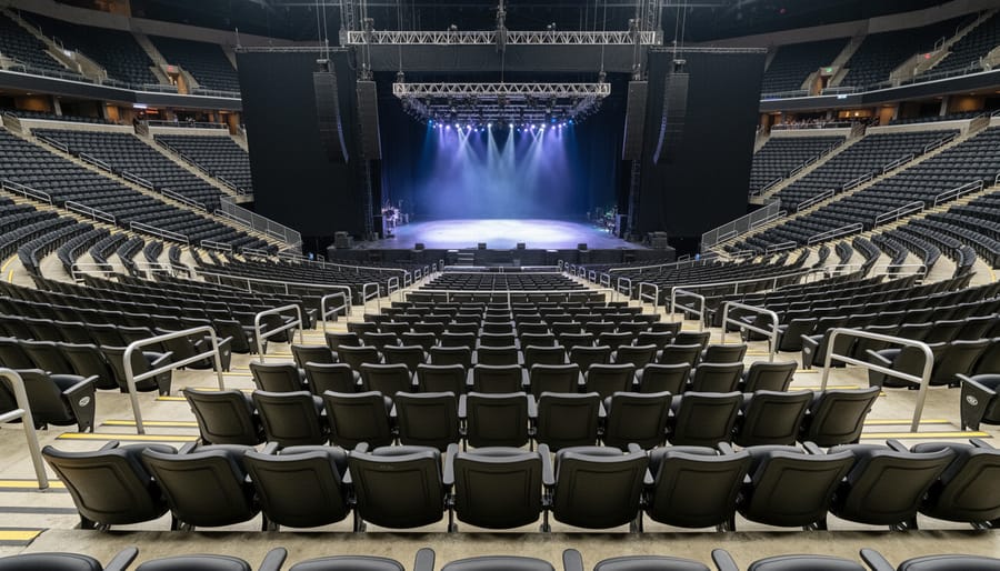 Lower bowl seating in Rogers Arena looking toward the center stage