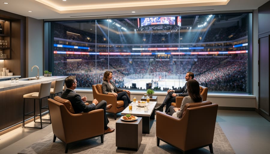 Premium suite seating inside Rogers Arena with a view toward the arena floor