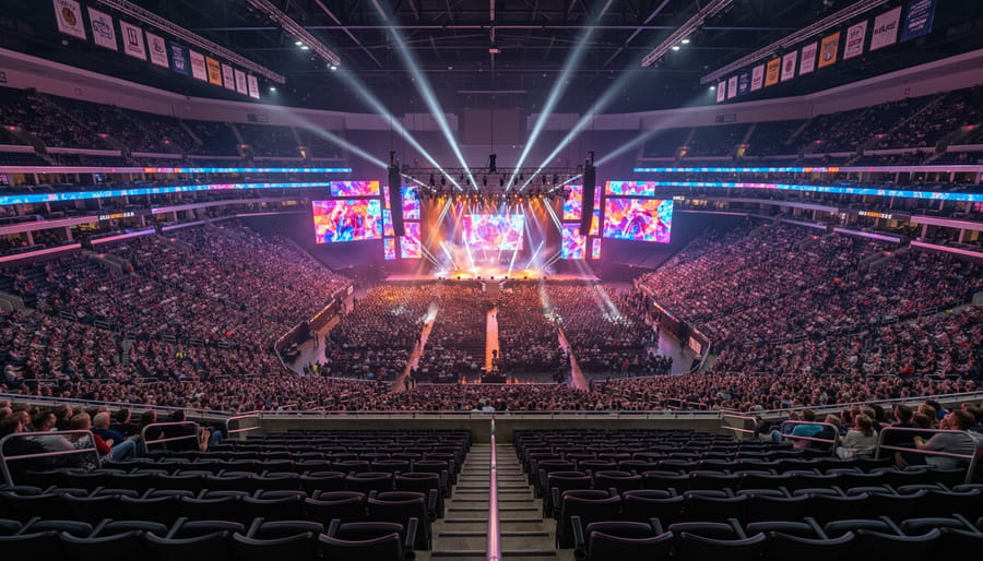 Upper bowl seating level inside Rogers Arena looking down toward the stage