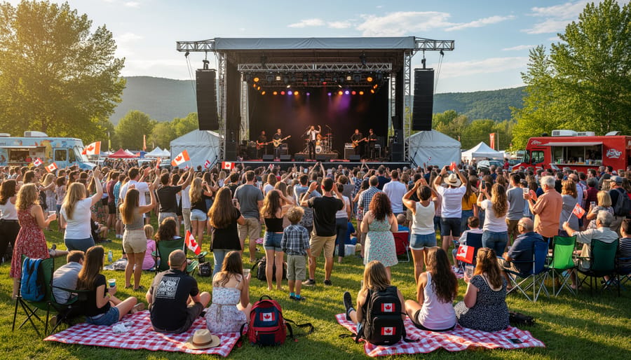 Crowd enjoying a live music festival outdoors with a stage, colorful lights, and raised hands.
