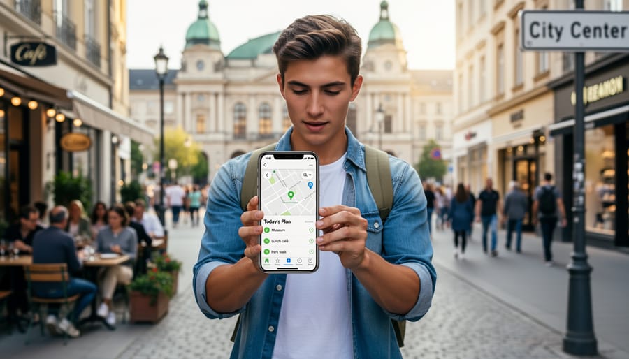 Hands holding a smartphone while a traveler prepares to search for events and attractions