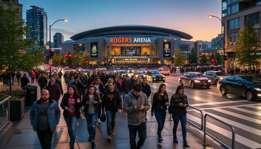 Fan arriving at Rogers Arena in Vancouver at dusk holding a concert ticket